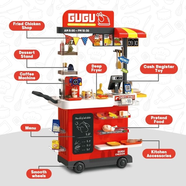 deAO Toys RED Kids Play Kitchen Fried Chicken Shop Pretend Cooking Food Truck with Lights & Sounds