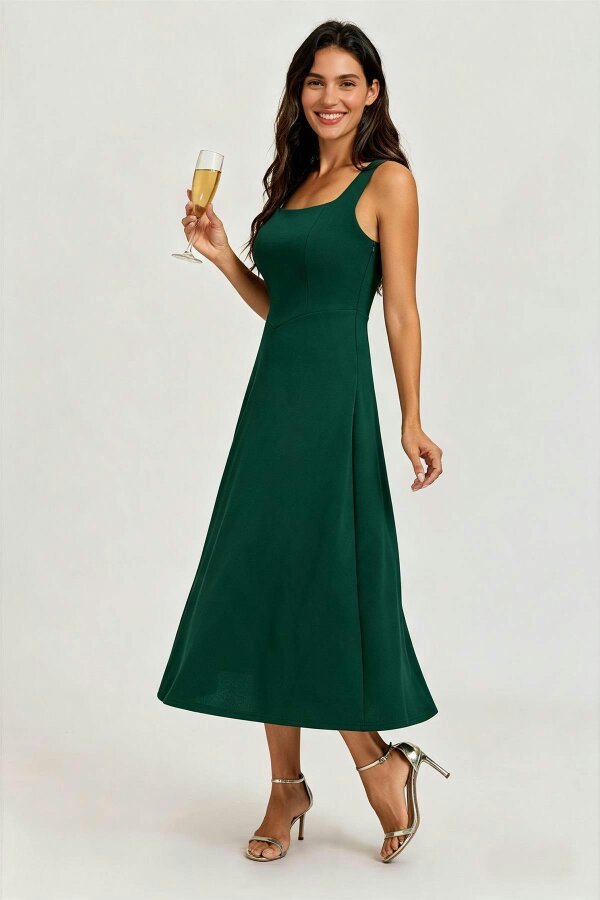 FS Collection Square Neck Sleeveless Fit & Flare Midi Dress In Green