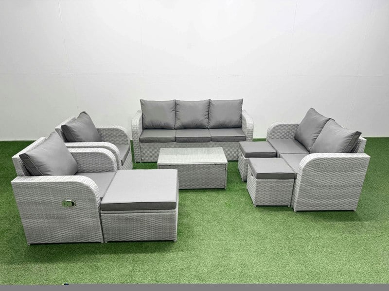 Fimous PE Rattan Garden Furniture Set Adjustable Chair Sofa Double Love Seat 2 Seater Sofa Lounge Set Oblong Coffee Table 3 Stools Light Grey