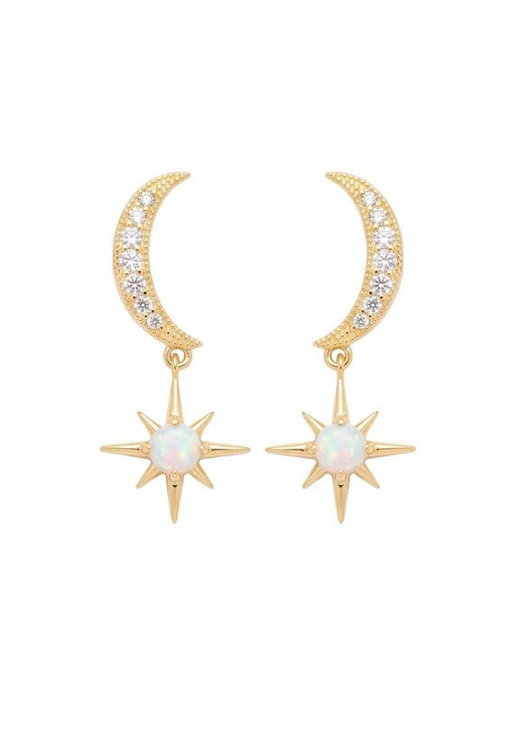Latelita Crescent Moon And Starburst White Opal Drop Earrings Gold
