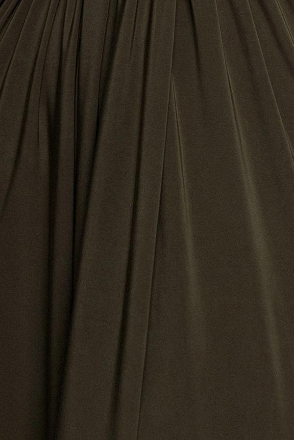 Gathered Shoulder Wrap Neck Draped Waist Maxi Dress - Khaki DR5005