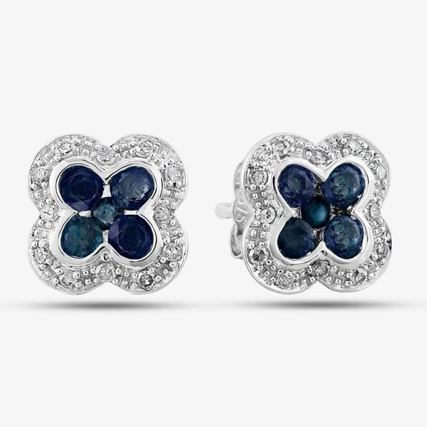 T. H. Baker 9ct White Gold Sapphire and Diamond Quatrefoil Cluster Stud Earrings PE04942 SA