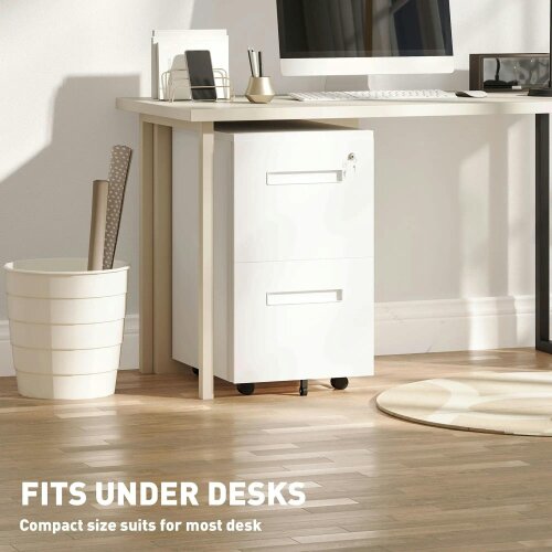Bobobiy Metal Mobile File Cabinet with Wheels, Lockable 2 Drawer Filing Cabinet for A4, 39 x 48 x 67cm, White