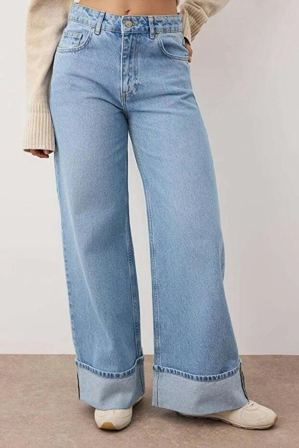 WOVCOR Regular Waist Wide Leg Jeans with Folded Hem