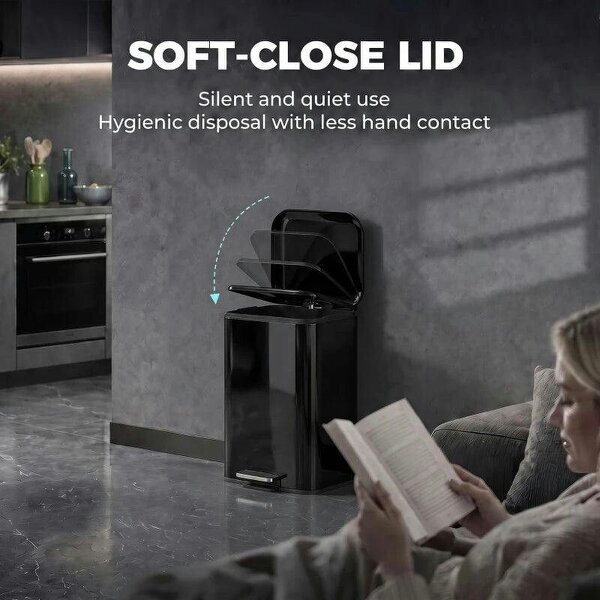 20 L Kitchen Pedal Bin, Metal Rubbish Bin with Removable Inner Bucket, Soft-Close & Stay-Open Lid, High Gloss Black