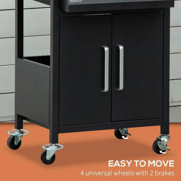 Black storage cabinet doors on grill cart with caster wheels and pull handles