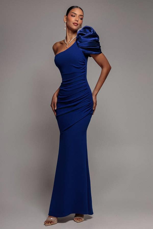 One Shoulder Puffed Satin Sleeve Evening Maxi Dress - Royal Blue DR4640