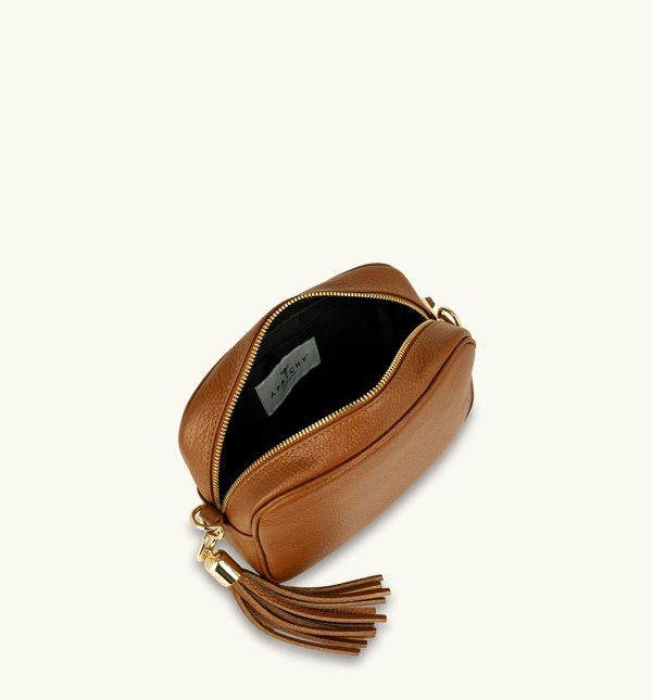 Apatchy London The Tassel Tan Leather Crossbody Bag with Cappuccino Dots Strap