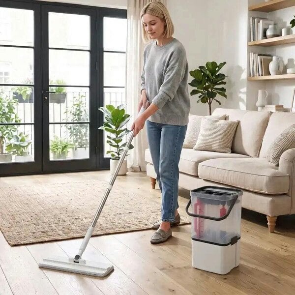 Bobobiy Mop and Bucket Set, Compact Flat Mop and Bucket with Wringer, 2-Port Design, 5 Reusable Microfiber Pads, White