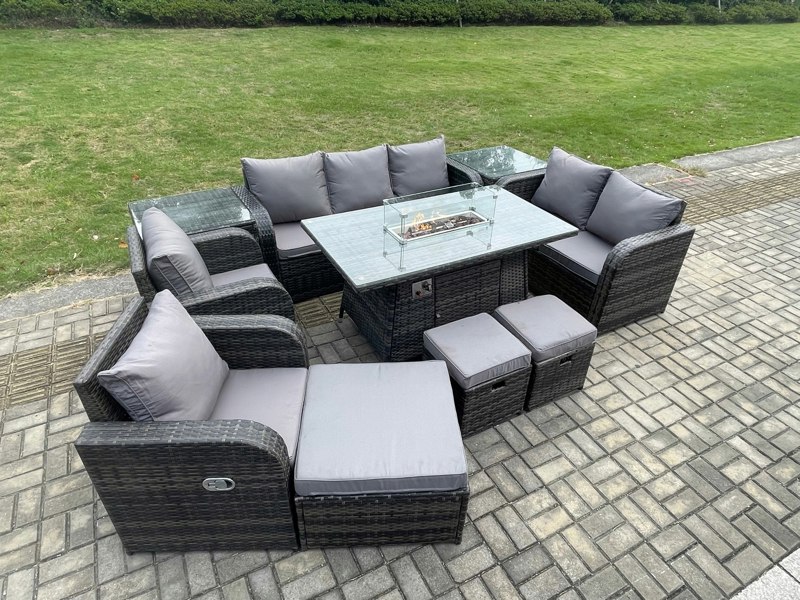 Fimous Rattan Outdoor Garden Furniture Set with Gas Fire Pit Table, Sofas, 2 Chairs, 3 Footstools, 2 Side Tables - 10 Seater - Dark Grey