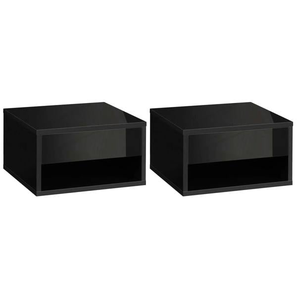 High-gloss black floating bedside table set of two with open front shelf