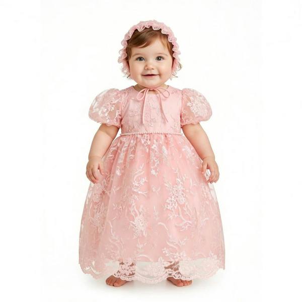 Cinda Lace Christening Gown Party Dress and Bonnet