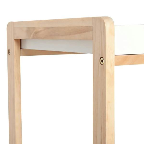 Light natural wood trolley cart frame corner with curved top edge and securing hardware