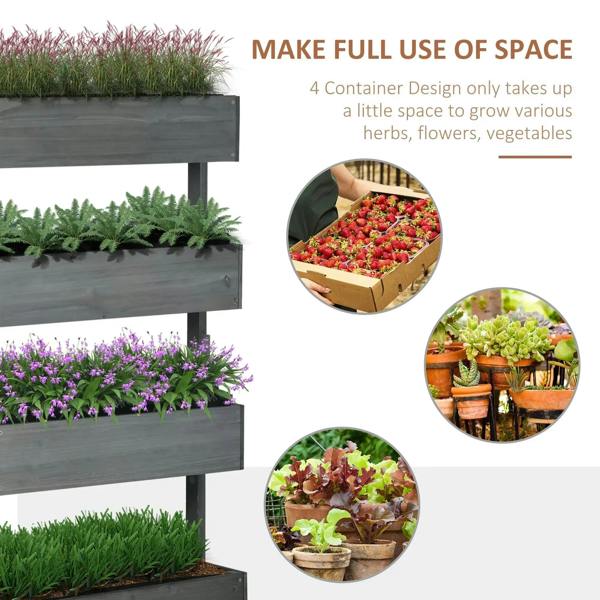 Four-tier grey wooden planter stand with raised side rails for herb and flower pots