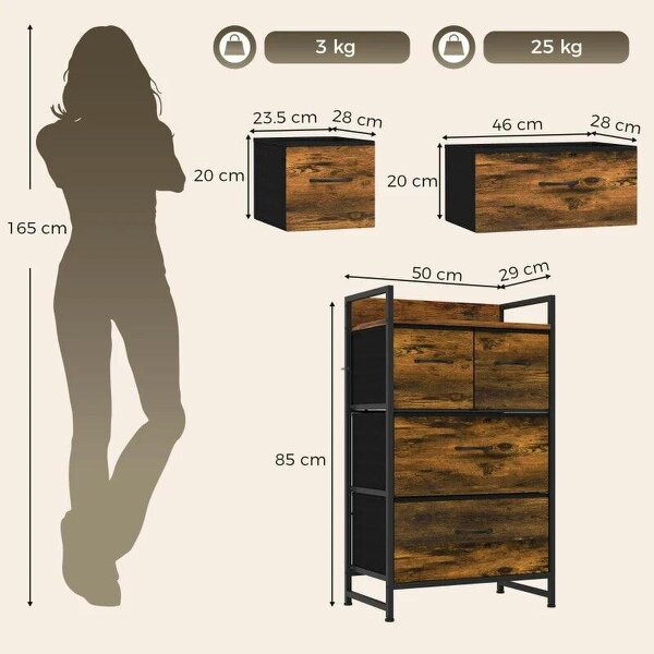 Rustic Chest of Four Fabric Drawers - Rustic Brown