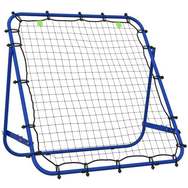 Adjustable rebounder kickback target net with blue frame, square grid, bungee ties
