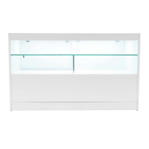 Sleek white Eclipse LED shop counter set featuring a glass display shelf and modern design, ideal for retail environments