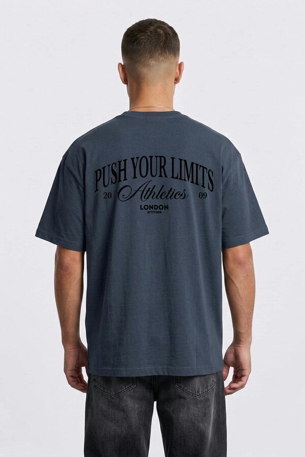 London Attitude Push Your Limits Oversized Heavyweight T-Shirt in Black Print - Blue Dusk