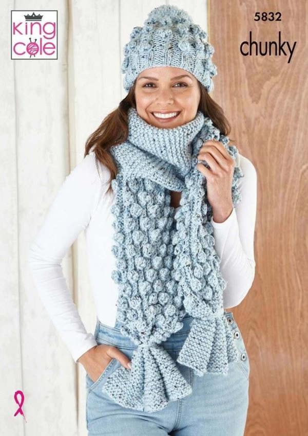 King Cole Chunky Tweed Knitting Pattern 5832, Headwear, Scarves for Women, One Size