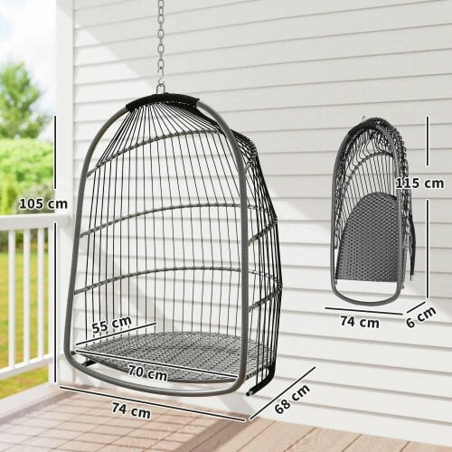 Bobobiy Hanging Egg Chair, Foldable Rattan Garden Swing Chair with Installation Kit, Thickened Cushion and Headrest, Dark Grey