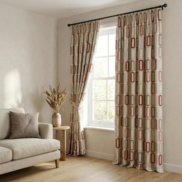 Soho made-to-measure curtains in Rosso, styled in a living room