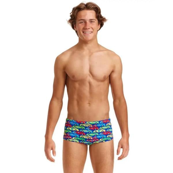 Funky Trunks Boys Car Stacker Sidewinder swim trunks in blue-green with snake pattern