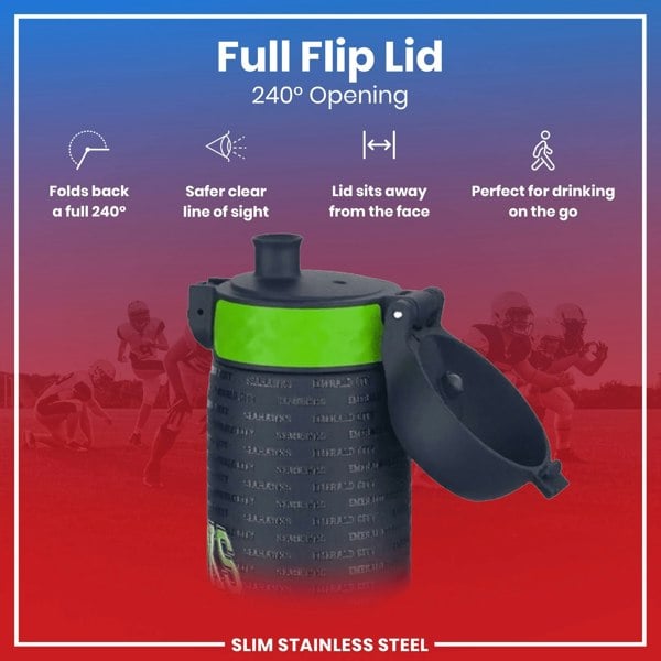 A water bottle with a flip lid opens 240 degrees, staying away from the face for safer drinking on the go. The bottle is slim and made of stainless steel. The lid folds back completely.