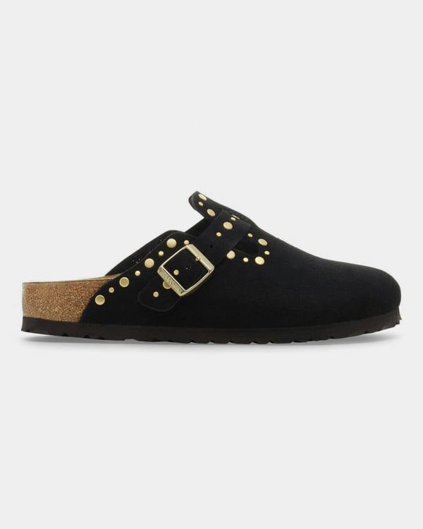 Birkenstock Boston Rivet Suede Leather Womens Clogs - Black | CHO | Designer Womens Clogs