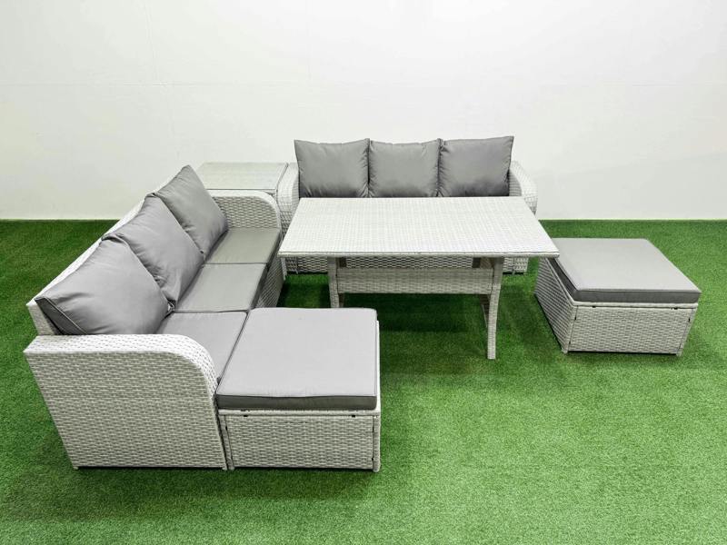 Fimous 8 Seater Wicker Rattan Garden Furniture Patio Set, Dining Table, High Back Lounge Sofa, 2 Big Footstool, Side Table, Light Grey