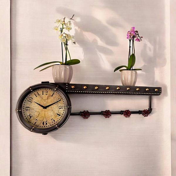 Timeless Grove – Olive Wood Shelf with Clock & Hooks