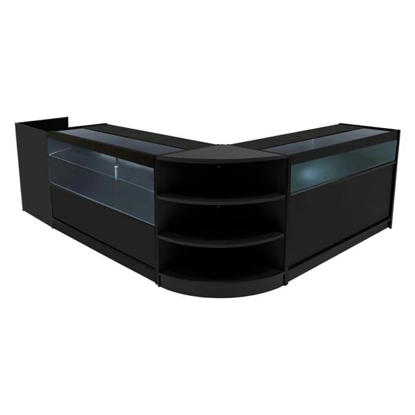 Black Europa LED Shop Counter Set featuring sleek glass displays, curved edges, and ample storage shelves for retail environments