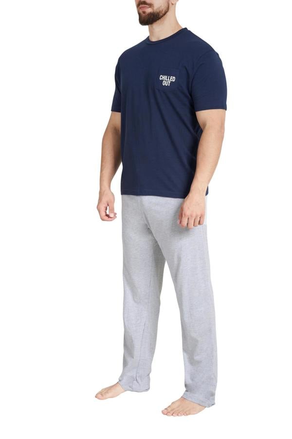 Smart Living Mens Polycotton Stripe Tee and Wide-Leg Bottom Pyjama Set - Navy/Grey