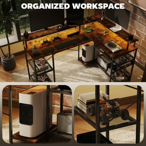 Wyld Haus Mosovi Brown L Shaped Desk With Built In LED Lighting And Shelves