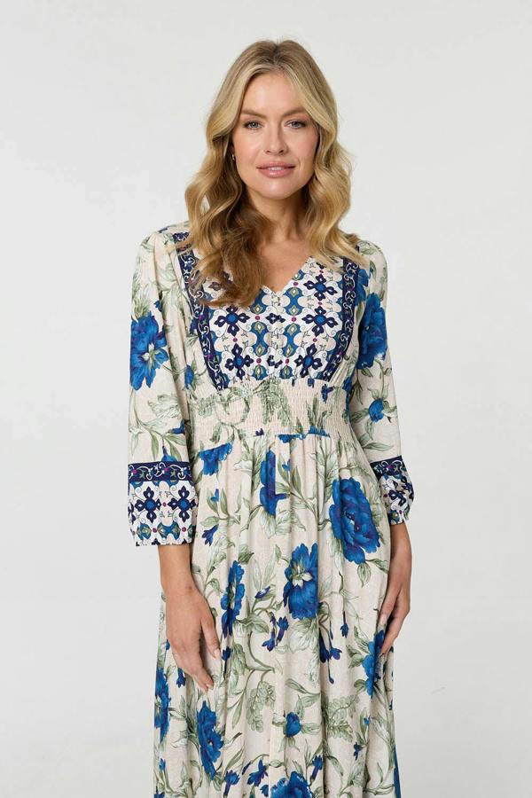 Green | Floral Tassel Tie Long Sleeve Maxi Dress