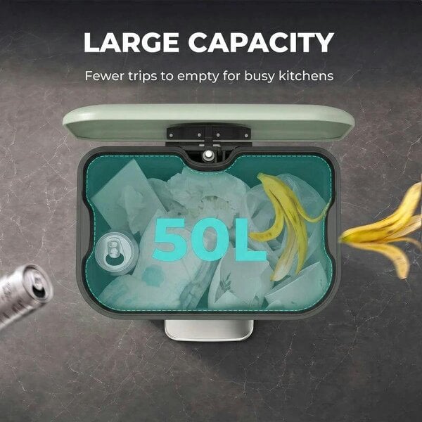 50 L Kitchen Pedal Bin, Metal Rubbish Bin with Removable Inner Bucket, Soft-Close & Stay-Open Lid, Light Green