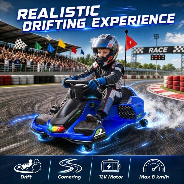 12V Kids Electric Go Kart, Ride on Drift Car with 2 Speeds, Soft Start, Music, Colourful LED Lights for Ages 8-12, Blue