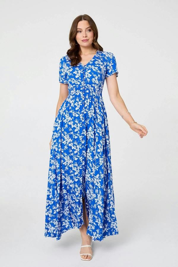 Blue | Ditsy Floral Shirred V-Neck Maxi Dress