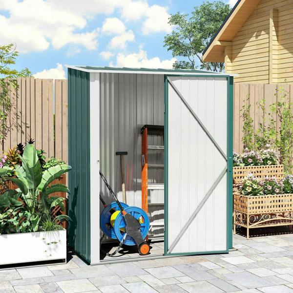 Green corrugated steel garden shed with open door and tools stored inside