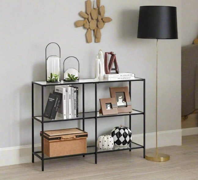 Modcraft Modern 3-Tier Console Table with Tempered Glass Shelves & Black Steel Frame – 100 x 30 x 73 cm