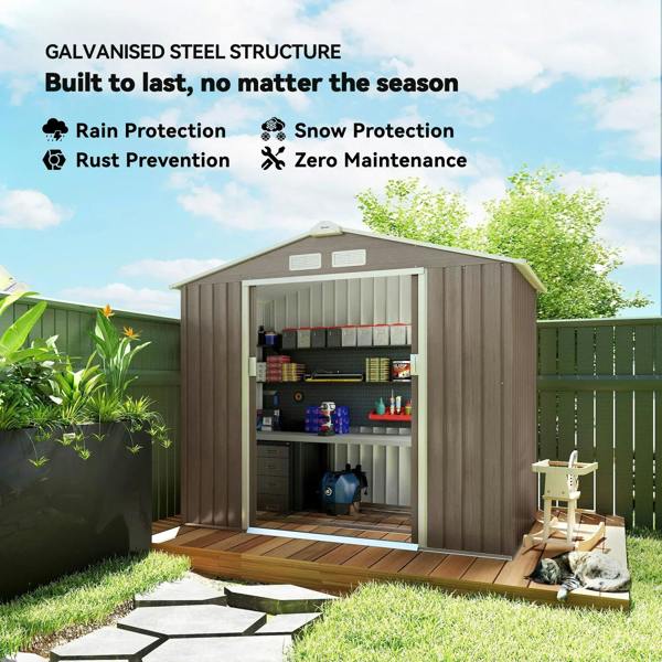 Light brown metal storage shed with open doors and shelving organizer inside