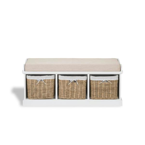 Statement Furniture Tetbury White Storage Bench with Natural Wicker Baskets and Brown Cushion