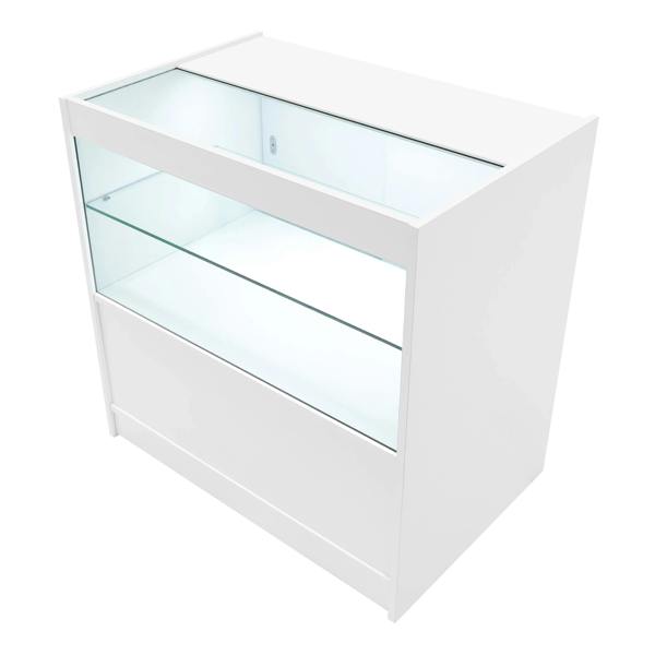 Vega LED shop counter set in sleek white, featuring a glass display top and shelves, perfect for showcasing products in retail spaces
