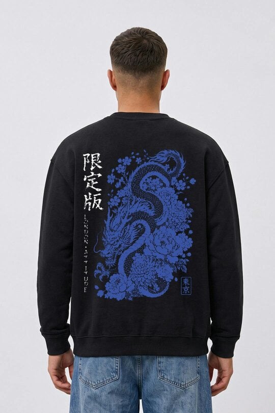Oversized Japanese Dragon & Floral Graphic Sweatshirt in Black