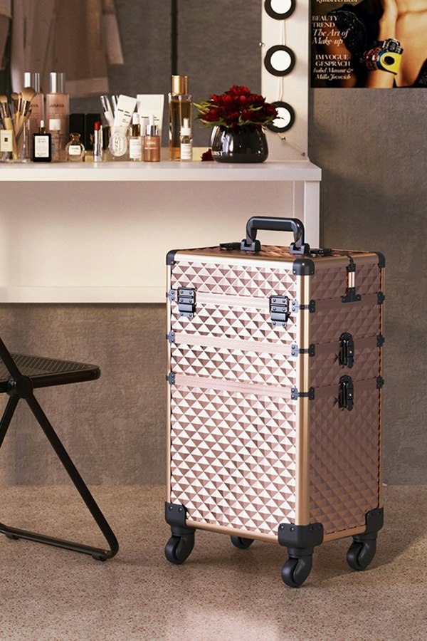 Living and Home 3 in 1 Portable Rolling Makeup Train Case Professional Large Storage Cosmetic Trolley