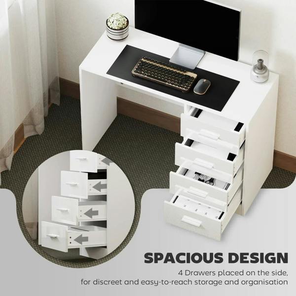 White computer desk with four drawers, drawer fronts shown in close-up