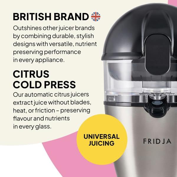 On the right is the Fridja Citrus & Juice Duo—f900 Automatic Citrus Juicer & f1900 Cold Press Juicer—shown with a sleek metallic finish. Text on the left highlights its British brand, universal juicing, and cold-press technology.