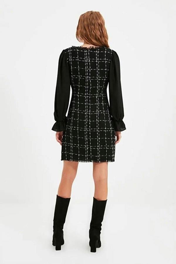 WOVCOR Tweed Argyle A-Line Mini Woven Dress with Chiffon Sleeve Detail