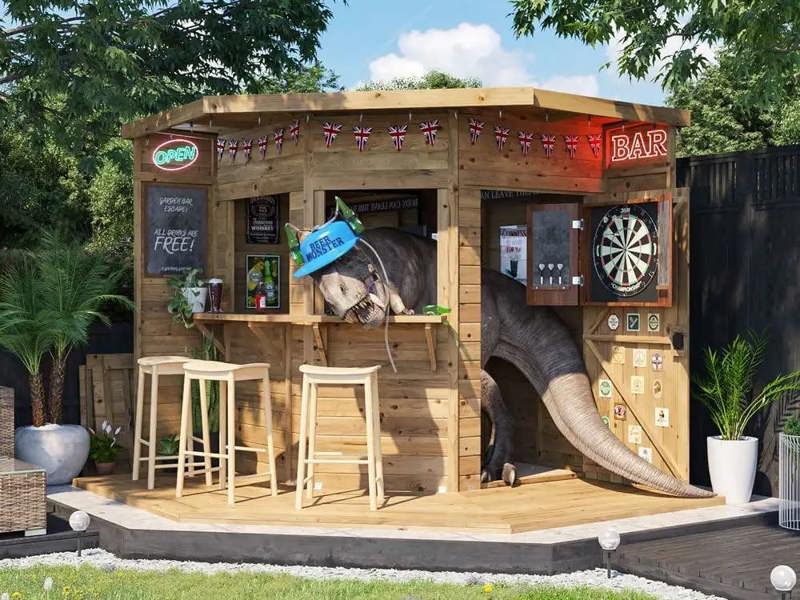 Dunster House Outdoor Bar Shed 2.4m x 2.4m Pressure Treated The Corner Hangover Garden Bar III Fully Loaded