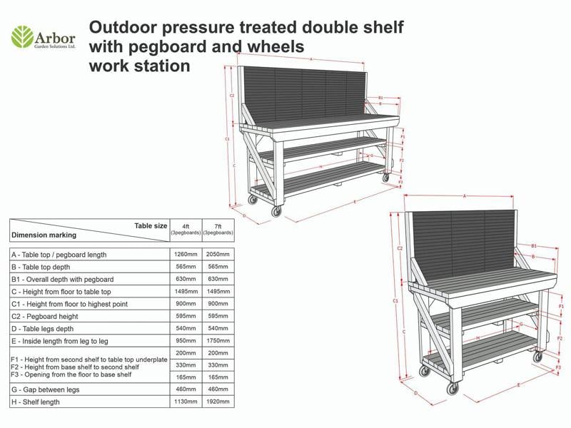 Indoor/Outdoor Pressure-Treated Double Shelf with peg-board Workbench, a robust and versatile solution for all your workspace needs. Handcrafted in the UK, this workbench is constructed from high-quality, pressure-treated timber, ensuring durability and resistance to the elements, making it suitable for both indoor and outdoor use