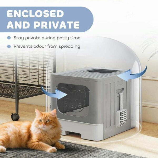 Cat Litter Box with Lid, Slide-Out Drawer, Scoop, Easy Clean, Odour Control, Anti-Splashing, Grey